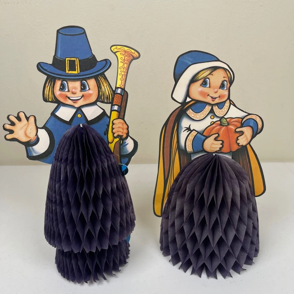 Vintage Beistle‎ Thanksgiving Pilgrim Boy Girl Decorations Honeycomb 1984